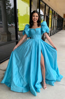 Load image into Gallery viewer, Princess Blue Puff Sleeves Long Formal Dress with Bow