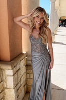 Load image into Gallery viewer, Glitter Grey Appliqued Beaded Long Formal Dress with Lace