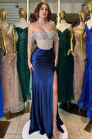 Load image into Gallery viewer, Sparkly Navy Corset Beaded Long Formal Dress with Slit