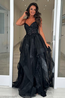Load image into Gallery viewer, Sparkly Black Corset Tiered Long Formal Dress with Appliques