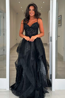Load image into Gallery viewer, Sparkly Black Corset Tiered Long Formal Dress with Appliques