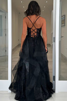 Load image into Gallery viewer, Sparkly Black Corset Tiered Long Formal Dress with Appliques
