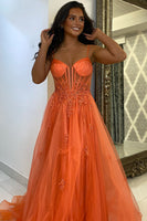 Load image into Gallery viewer, Orange Corset A Line Spaghetti Straps Long Formal Dress