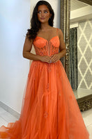Load image into Gallery viewer, Orange Corset A Line Spaghetti Straps Long Formal Dress