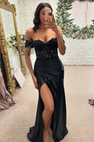 Load image into Gallery viewer, Black Corset Off The Shoulder Appliqued Long Formal Dress with Slit