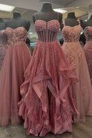 Load image into Gallery viewer, Sparkly Grey Blue Corset Tiered Long Formal Dress with Appliques