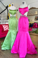Load image into Gallery viewer, Sparkly Fuchsia Bowknot Long Formal Dress with Beading