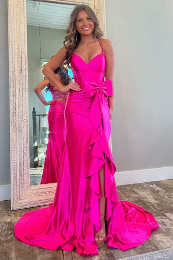 Hot Pink Corset Bowknot Long Formal Dress with Ruffles