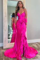 Load image into Gallery viewer, Hot Pink Corset Bowknot Long Formal Dress with Ruffles
