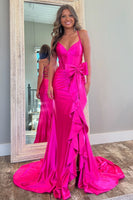 Load image into Gallery viewer, Hot Pink Corset Bowknot Long Formal Dress with Ruffles