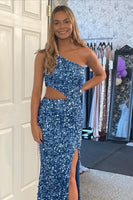 Load image into Gallery viewer, Sparkly Sky Blue Cutout One Shoulder Long Formal Dress