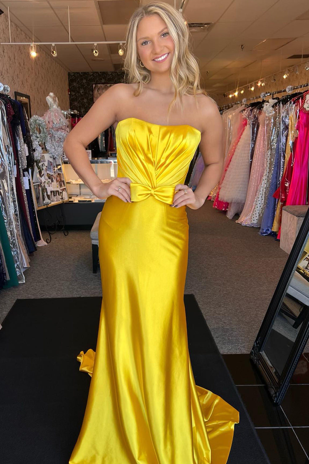 Yellow Strapless Pleated Mermaid Long Formal Dress with Bow