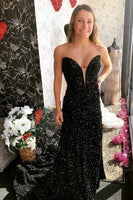 Load image into Gallery viewer, Sparkly Black Strapless Sequined Long Formal Dress with Slit