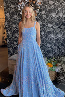 Load image into Gallery viewer, Sparkly Blue A-Line Sequined Long Formal Dress