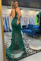 Load image into Gallery viewer, Sparkly Dark Green Mermaid Appliqued Long Formal Dress