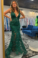 Load image into Gallery viewer, Sparkly Dark Green Mermaid Appliqued Long Formal Dress