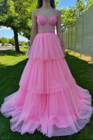 Load image into Gallery viewer, Pink Corset Tiered A-Line Long Formal Dress with Appliques