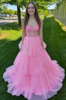 Load image into Gallery viewer, Pink Corset Tiered A-Line Long Formal Dress with Appliques