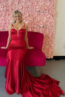 Load image into Gallery viewer, Burgundy Corset Spaghetti Straps Long Satin Formal Dress
