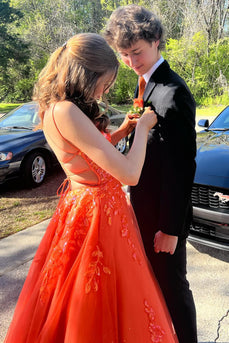 Sparkly Orange Corset A-Line Long Formal Dress with Appliques