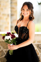 Load image into Gallery viewer, Sparkly Black Corset Spaghetti Straps Long Formal Dress