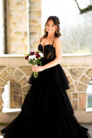 Load image into Gallery viewer, Sparkly Black Corset Spaghetti Straps Long Formal Dress