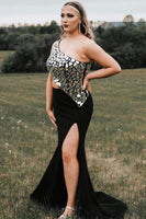 Load image into Gallery viewer, Black One Shoulder Rhinestone Long Formal Dress with Slit
