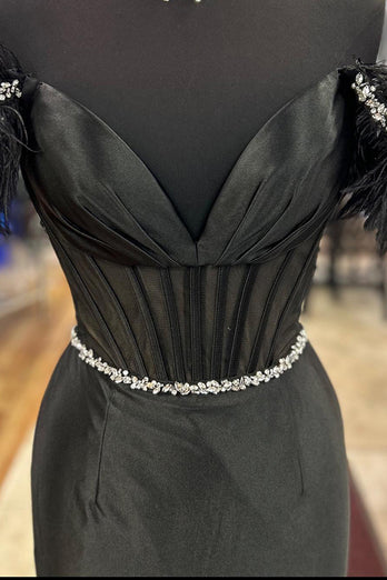 Sparkly Black Corset Mermaid Long Formal Dress with Feathers