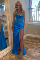 Load image into Gallery viewer, Sparkly Royal Blue Corset Beaded Long Formal Dress with Slit