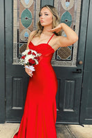 Load image into Gallery viewer, Simple Red Spaghetti Straps Satin Mermaid Long Formal Dress