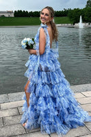 Load image into Gallery viewer, Floral Blue V-Neck Tiered Long Formal Dress with Slit