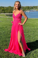 Load image into Gallery viewer, Fuchsia A Line Spaghetti Straps Appliqued Long Formal Dress with Slit