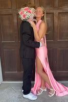 Load image into Gallery viewer, Pink Halter Mermaid Backless Long Formal Dress with Slit