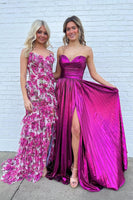 Load image into Gallery viewer, Metallic Fuchsia A-Line Pleated Long Formal Dress