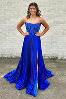 Load image into Gallery viewer, Sparkly Black Beaded Pleated Long Corset Formal Dress with Slit