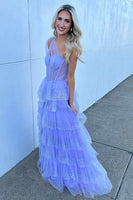 Load image into Gallery viewer, Sparkly Lilac A Line Tiered One Shoulder Long Corset Formal Dress