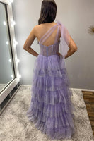 Load image into Gallery viewer, Sparkly Lilac A Line Tiered One Shoulder Long Corset Formal Dress