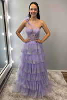 Load image into Gallery viewer, Sparkly Lilac A Line Tiered One Shoulder Long Corset Formal Dress