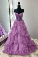 Load image into Gallery viewer, Taro Purple Ruffled A Line Strapless Long Corset Formal Dress