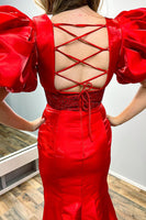 Load image into Gallery viewer, Sparkly Red V-Neck Puff Sleeves Long Beaded Formal Dress with Slit