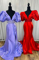 Load image into Gallery viewer, Sparkly Red V-Neck Puff Sleeves Long Beaded Formal Dress with Slit