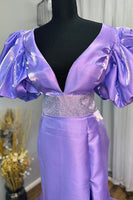 Load image into Gallery viewer, Sparkly Red V-Neck Puff Sleeves Long Beaded Formal Dress with Slit