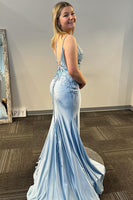 Load image into Gallery viewer, Sparkly Grey Blue Spaghetti Straps Long Beaded Formal Dress with Slit