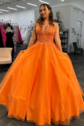 Sparkly Orange Floral Corset Long Tulle Formal Dress