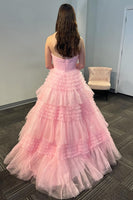 Load image into Gallery viewer, Light Pink A Line One Shoulder Tiered Long Tulle Formal Dress