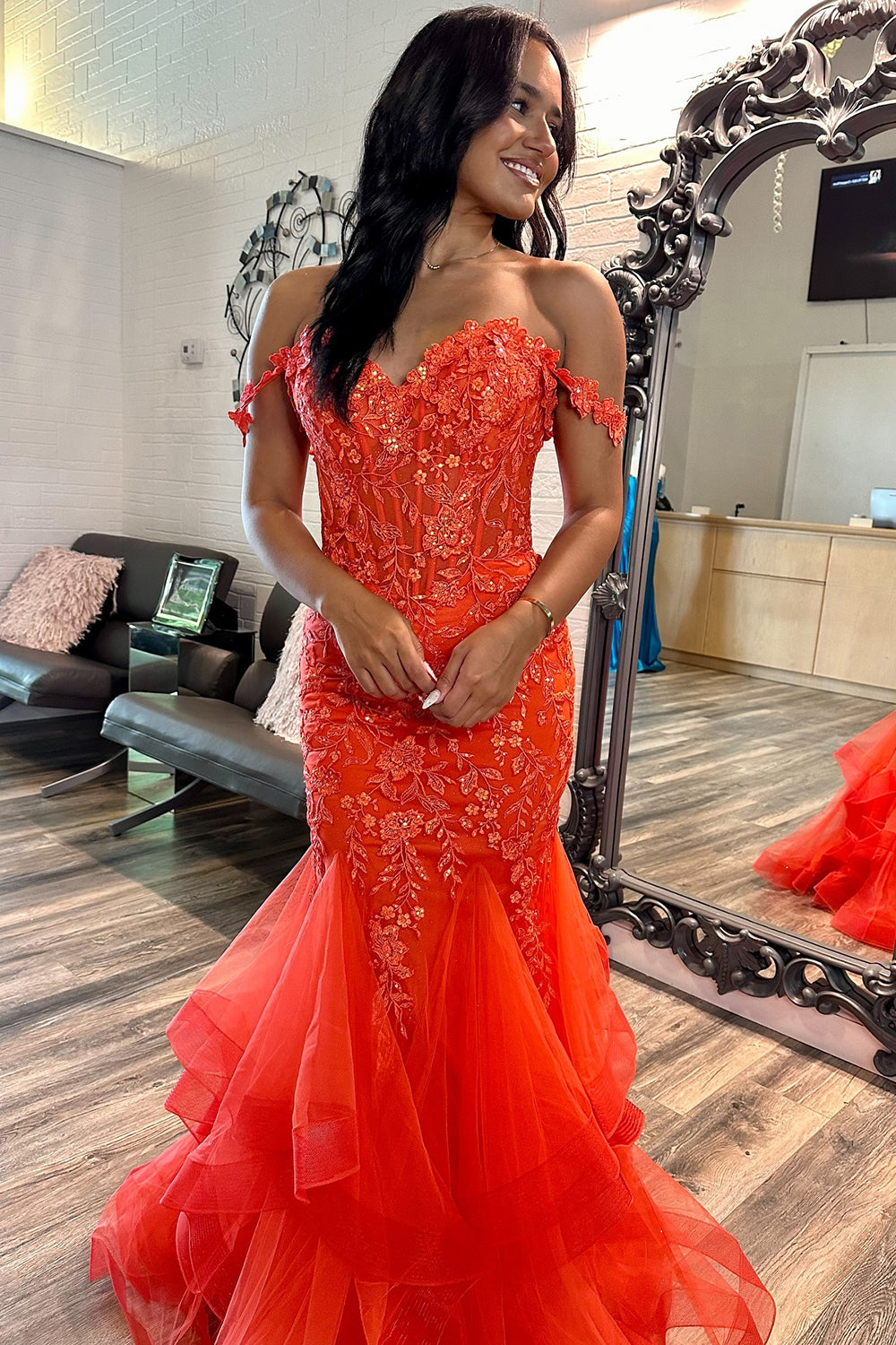 Sparkly Orange Floral Mermaid Corset Long Formal Dress