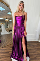 Load image into Gallery viewer, Metallic Dark Purple A Line Corset Long Formal Dress with Slit