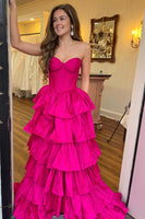 Load image into Gallery viewer, Fuchsia A Line Corset Tiered Strapless Long Formal Dress