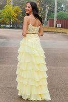 Load image into Gallery viewer, Yellow A Line Corset Tiered Long Chiffon Formal Dress with Slit