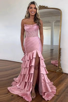 Load image into Gallery viewer, Sparkly Blush Corset Strapless Tiered Long Formal Dress with Slit